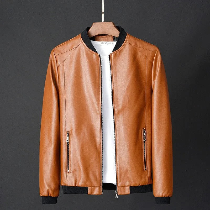 Men's Leather Jacket | Bomber Collar Zip Closure Ribbed Hem