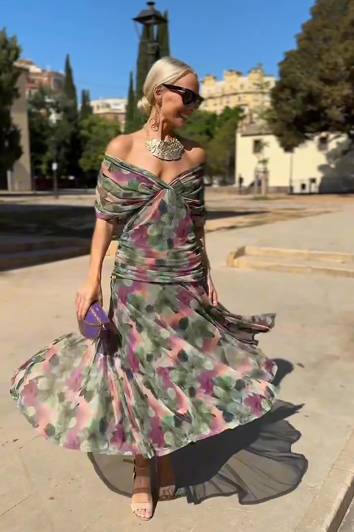 Women's Maxi Dress | Off-Shoulder Floral Print Twist-Front Pleated