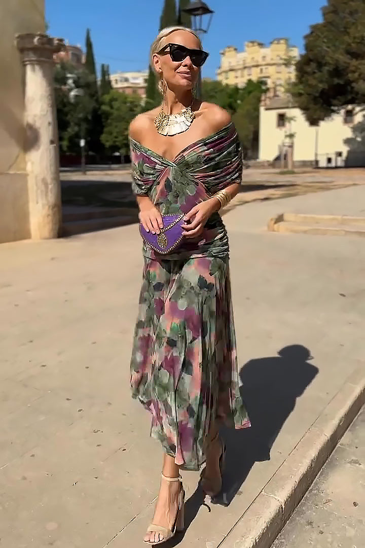 Women's Maxi Dress | Off-Shoulder Floral Print Twist-Front Pleated
