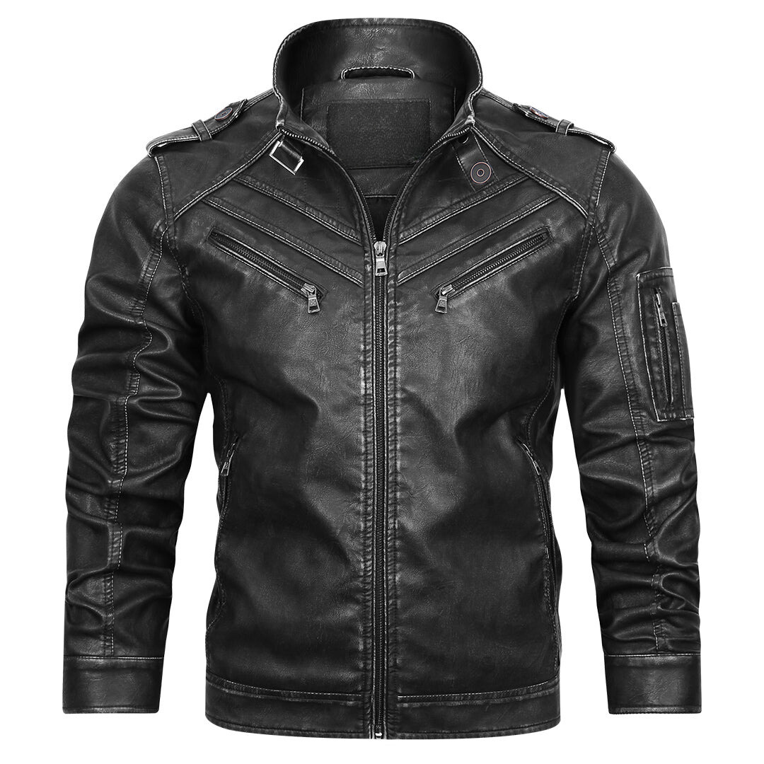 Men's Leather Jacket | Stand Collar Zip Closure Biker Fit