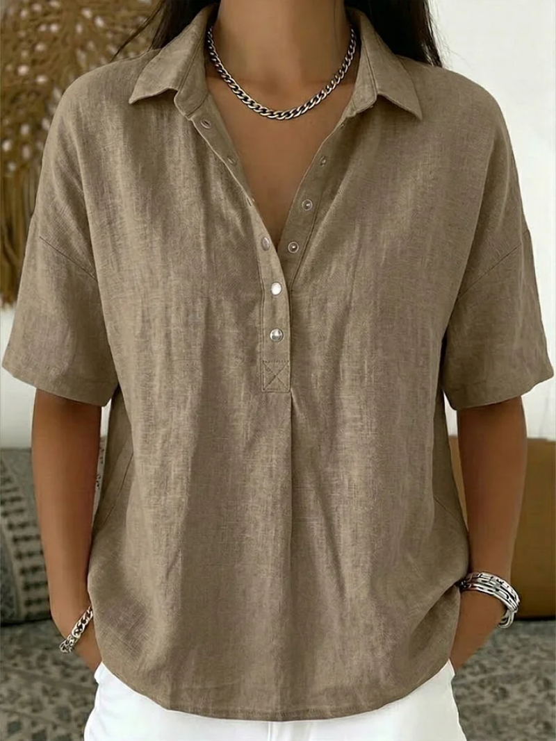 Women's Flannel Blouse | Collar Short Sleeve Button Linen