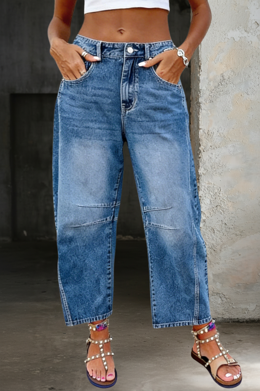 Women's Barrel Jeans | High Rise Tapered Denim Pockets