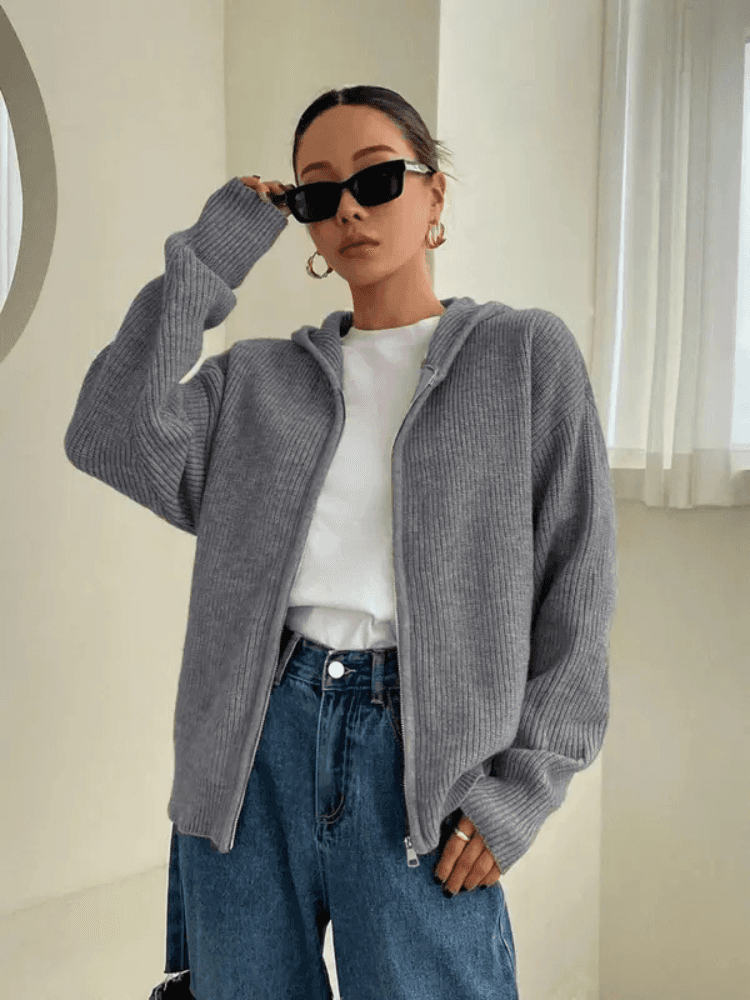 Women's Comfy Hoodie | Ribbed Knit Full Zip Hooded Long Sleeve