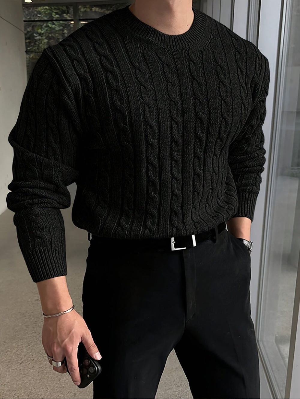 Men's Crewneck Sweater | Cable Knit Crew Neckline Long Sleeve