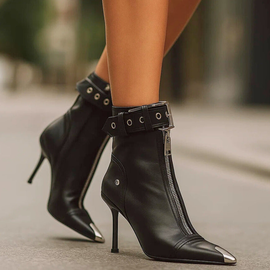 Black Boots For Women | Pointed Toe Front Zip Buckle Strap Stiletto Heel