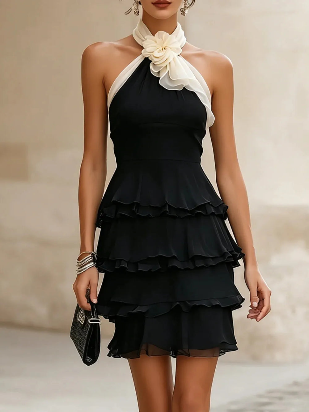 Women's Black Dress | Mini Halter Neck Tiered Ruffle Chiffon