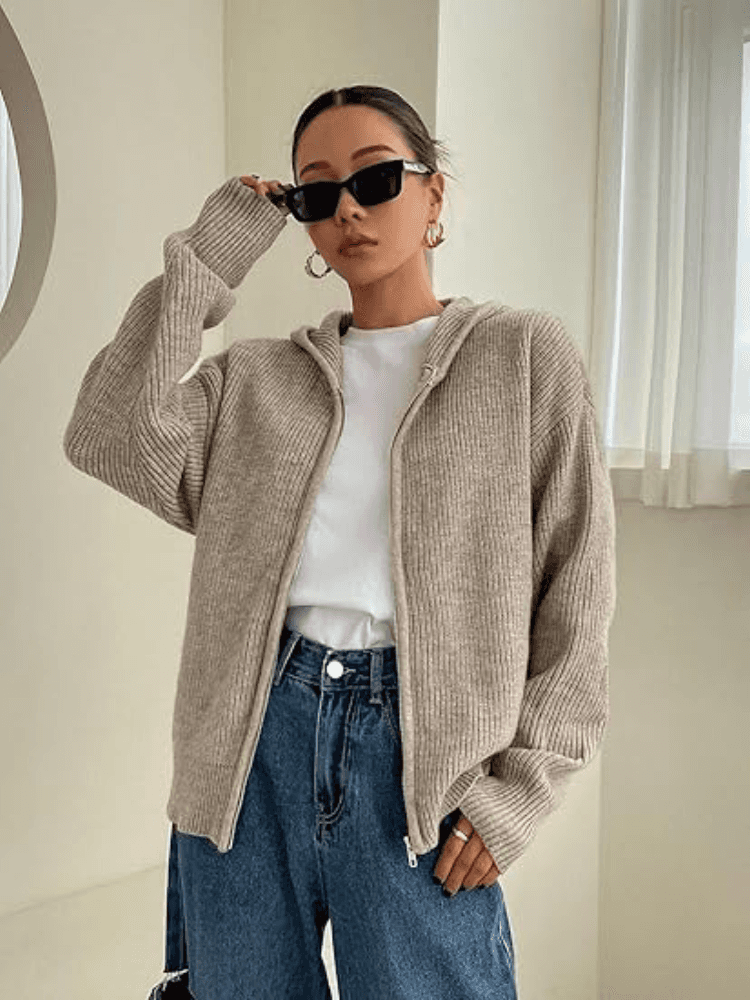 Women's Comfy Hoodie | Ribbed Knit Full Zip Hooded Long Sleeve