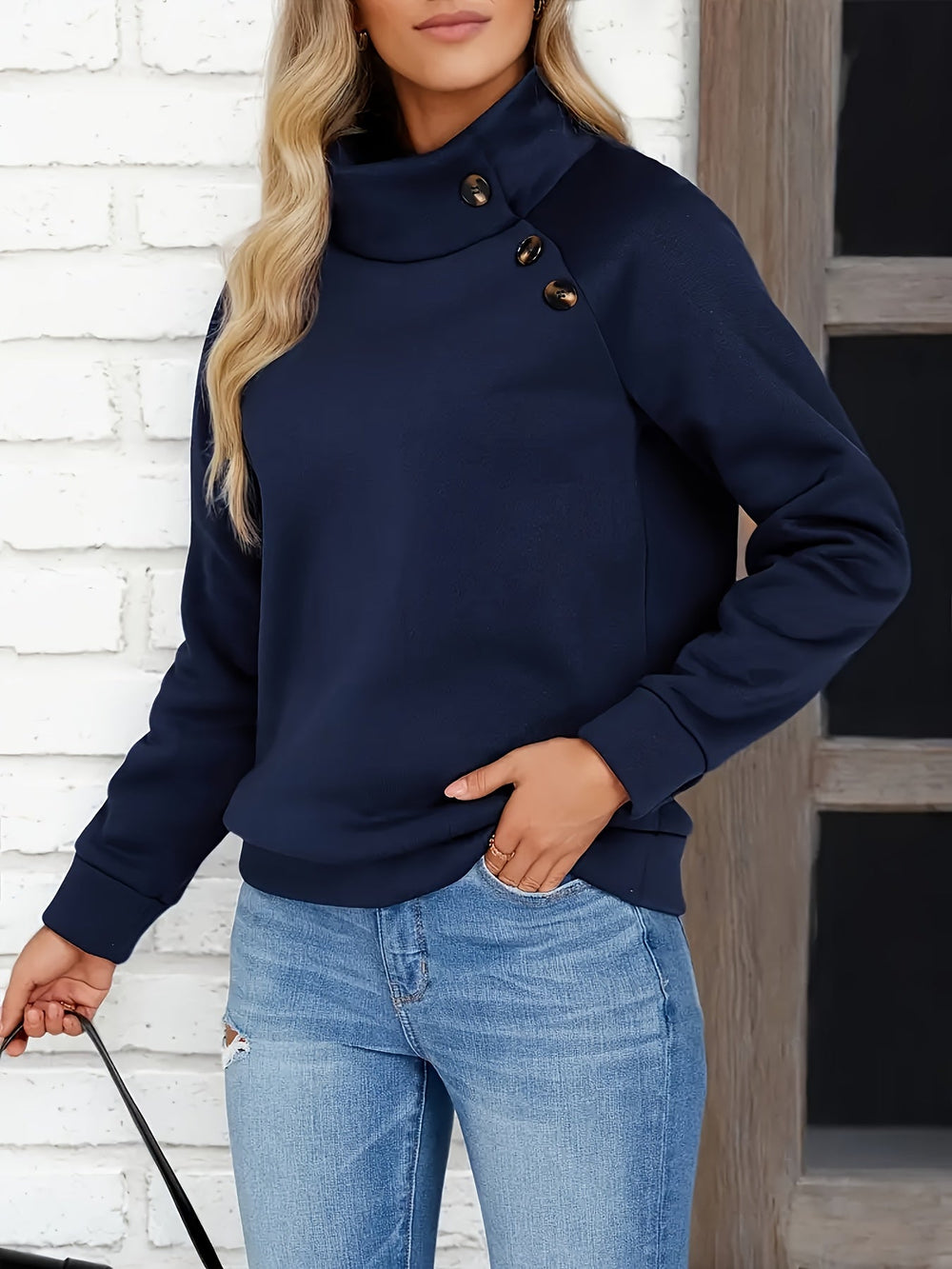 Women's Sweatshirt | Stand Collar Button Detail Long Sleeve Relaxed Fit