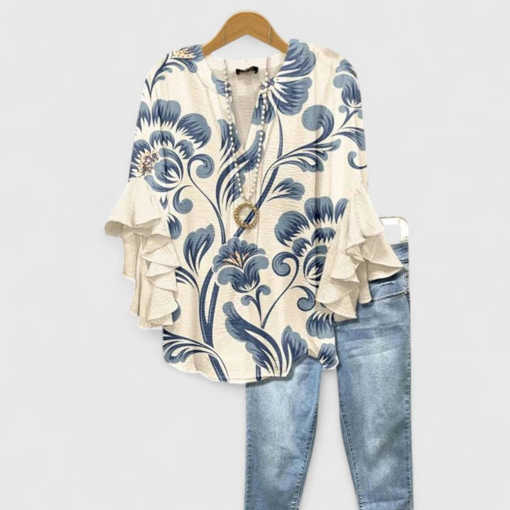 Women's Blouse | Floral Print V Neck Ruffle Sleeve Woven