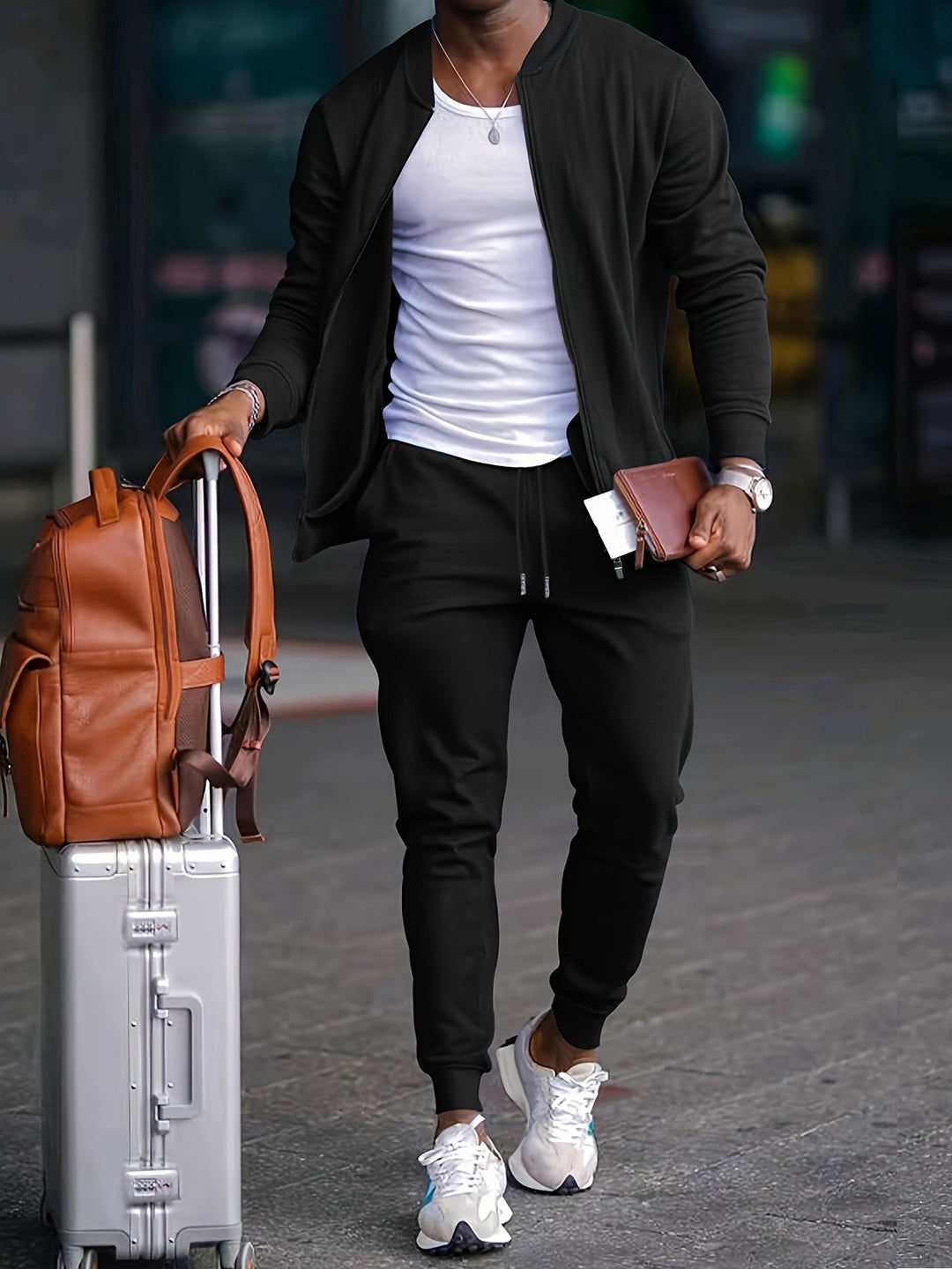 Men's Joggers Set | Zip Jacket Tapered Fit Drawstring Waist Knit