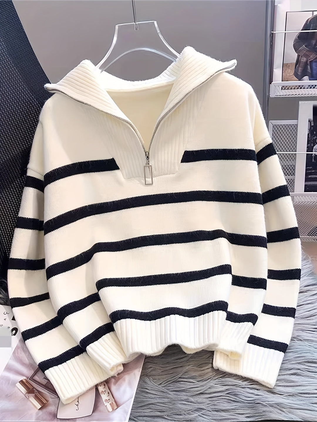 Women's Quarter Zip Sweater | Striped Knit Long Sleeve Relaxed Fit