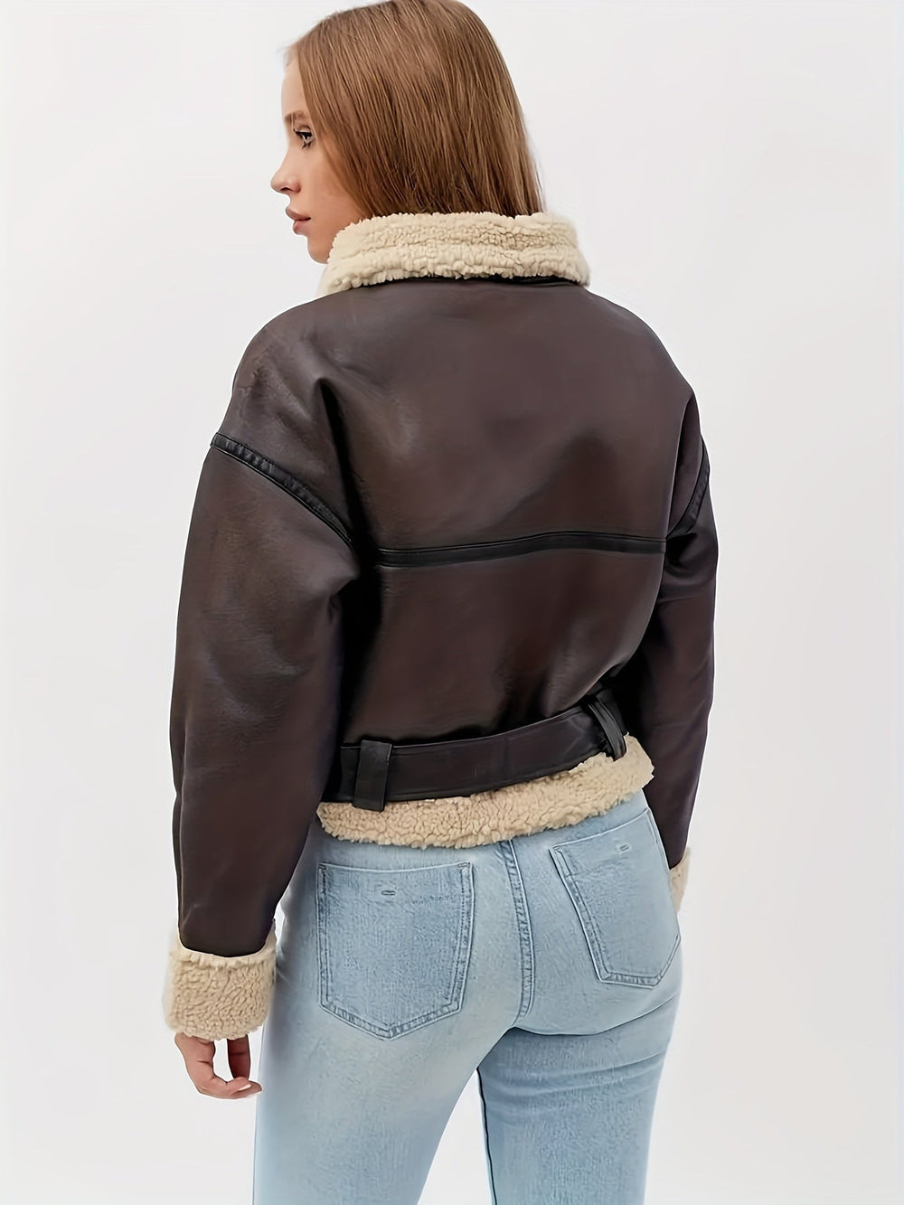 Women's Leather Jacket | Cropped Shearling Collar Belted Zip