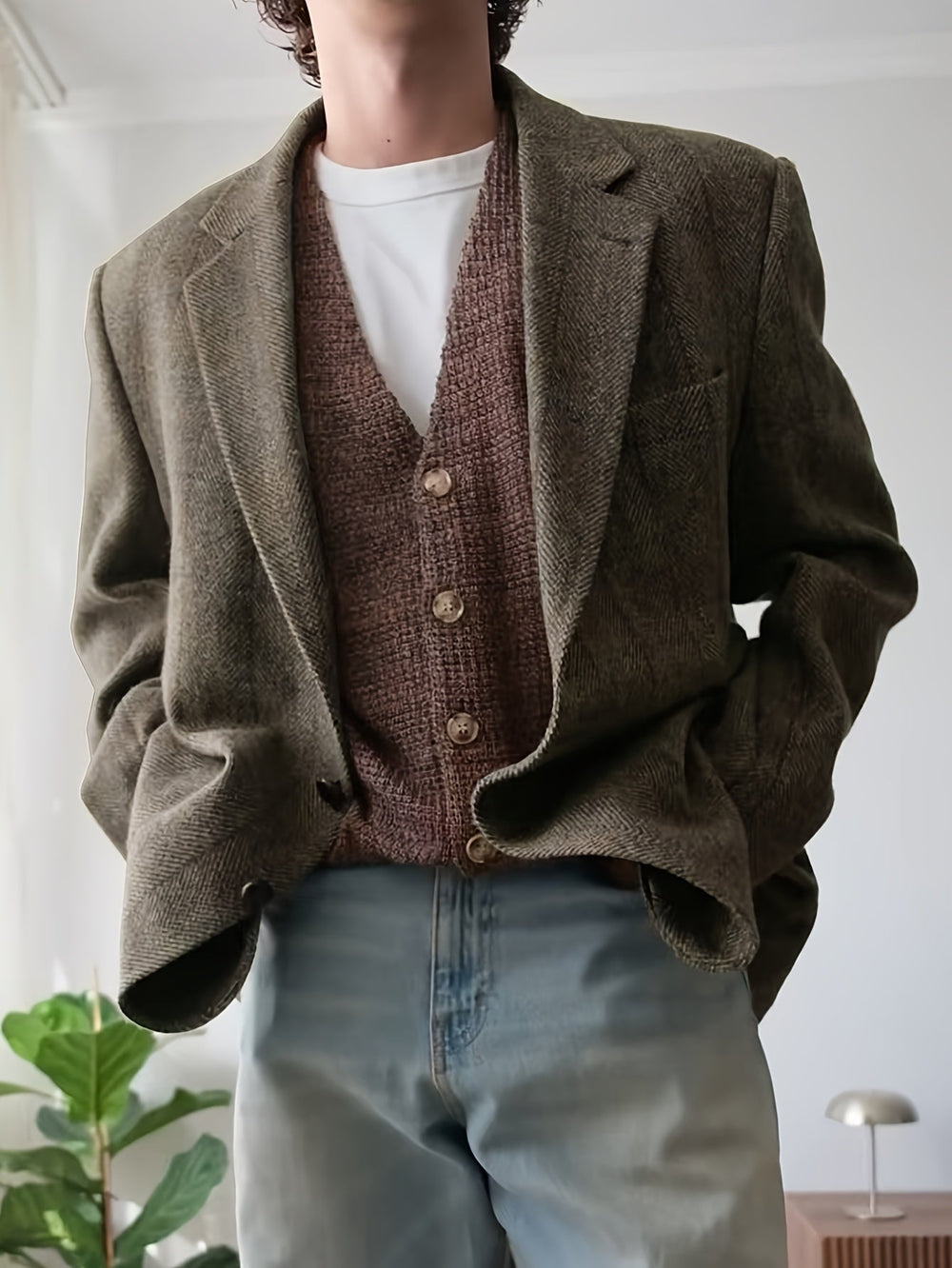 Men's Blazer | Notched Lapel Long Sleeve Tweed Relaxed Fit