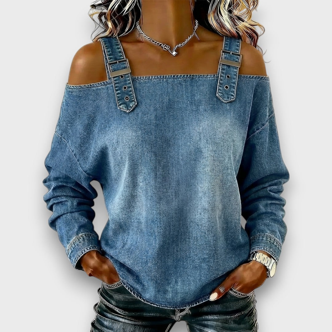 Women's Off The Shoulder Top | Cold Shoulder Long Sleeve Denim Buckle Strap