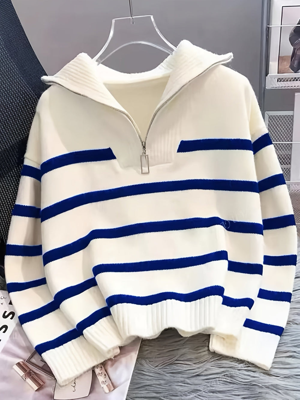 Women's Quarter Zip Sweater | Striped Knit Long Sleeve Relaxed Fit