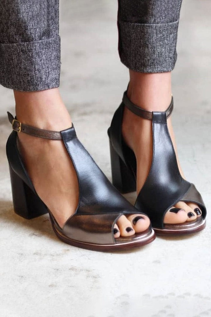 Women's Stiletto | T-Strap Peep Toe Block Heel Leather