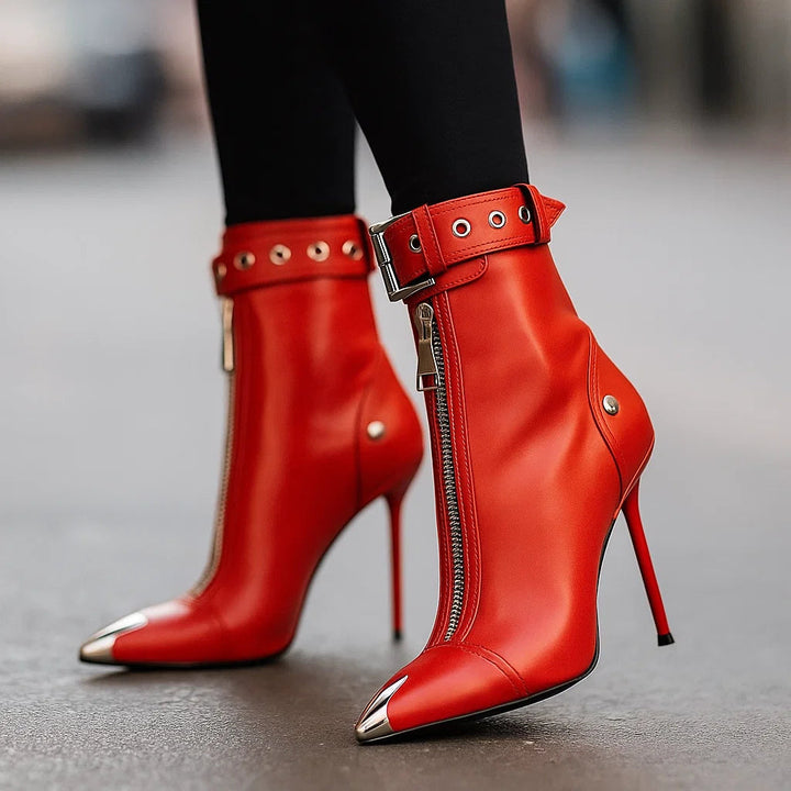 Black Boots For Women | Pointed Toe Front Zip Buckle Strap Stiletto Heel