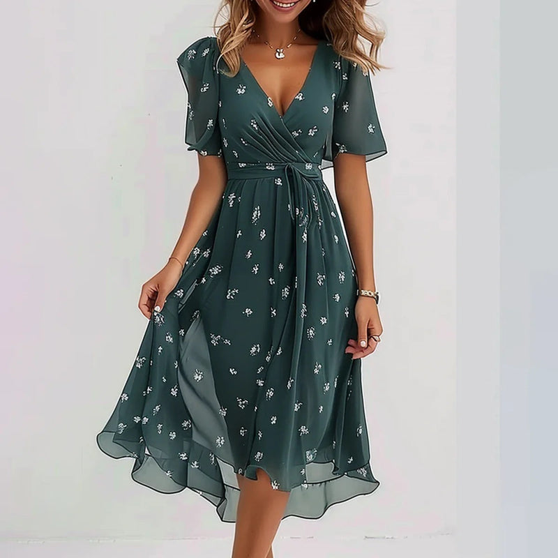 Women's Short Homecoming Dress | V-Neck Short Sleeve Floral Print Asymmetrical