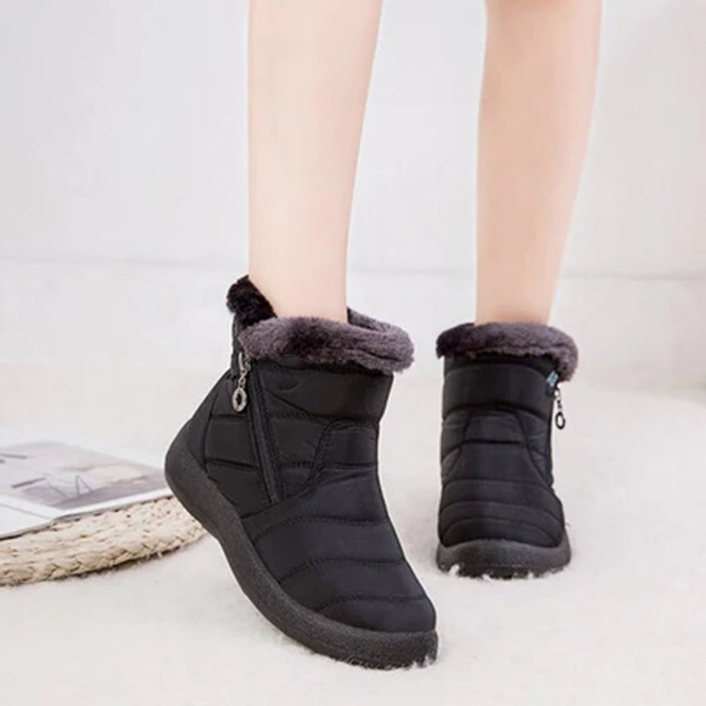 Women's Snow Boots | Quilted Faux Fur Collar Zip Closure Textured Sole