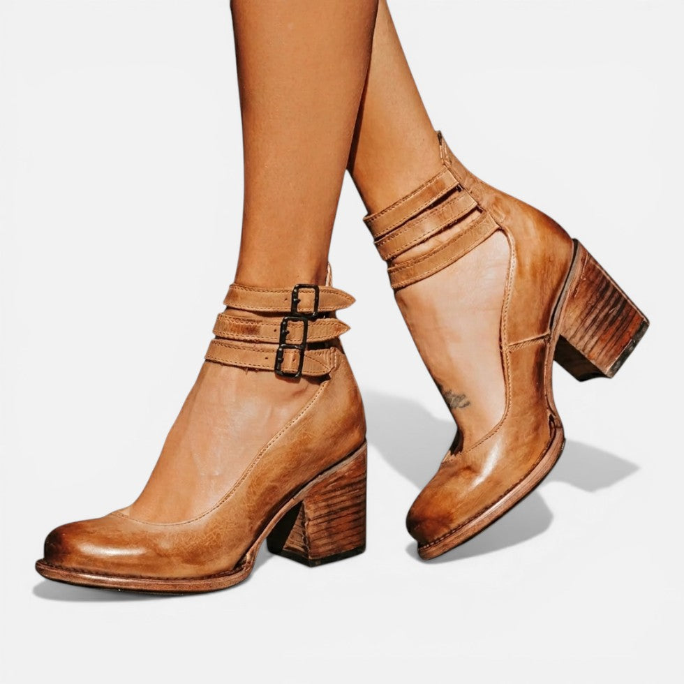 Women's Brown Boots | Round Toe Block Heel Buckle Strap Leather