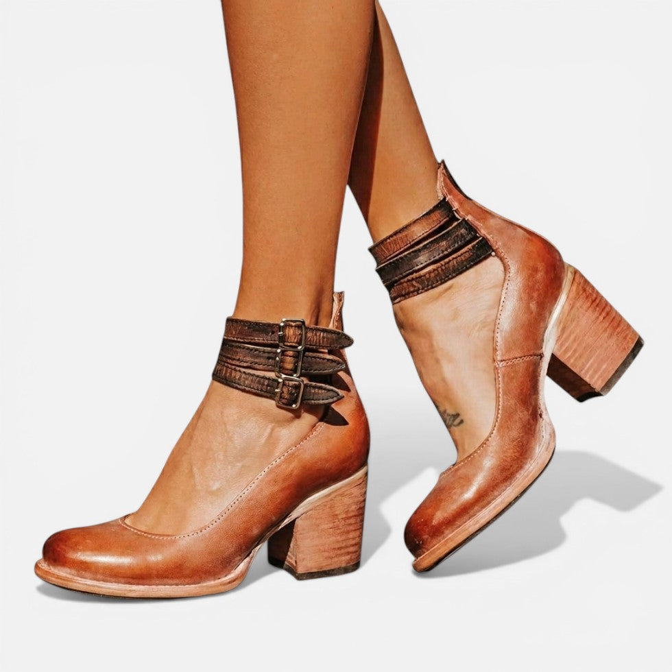 Women's Brown Boots | Round Toe Block Heel Buckle Strap Leather