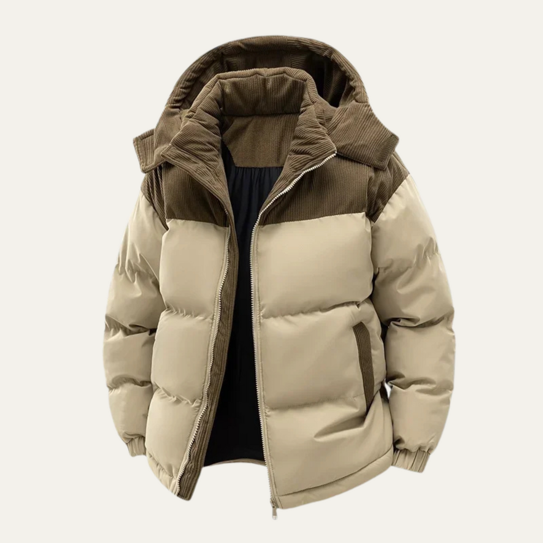 Men's Puffer Jacket | Hooded Corduroy Colorblock Zip Closure