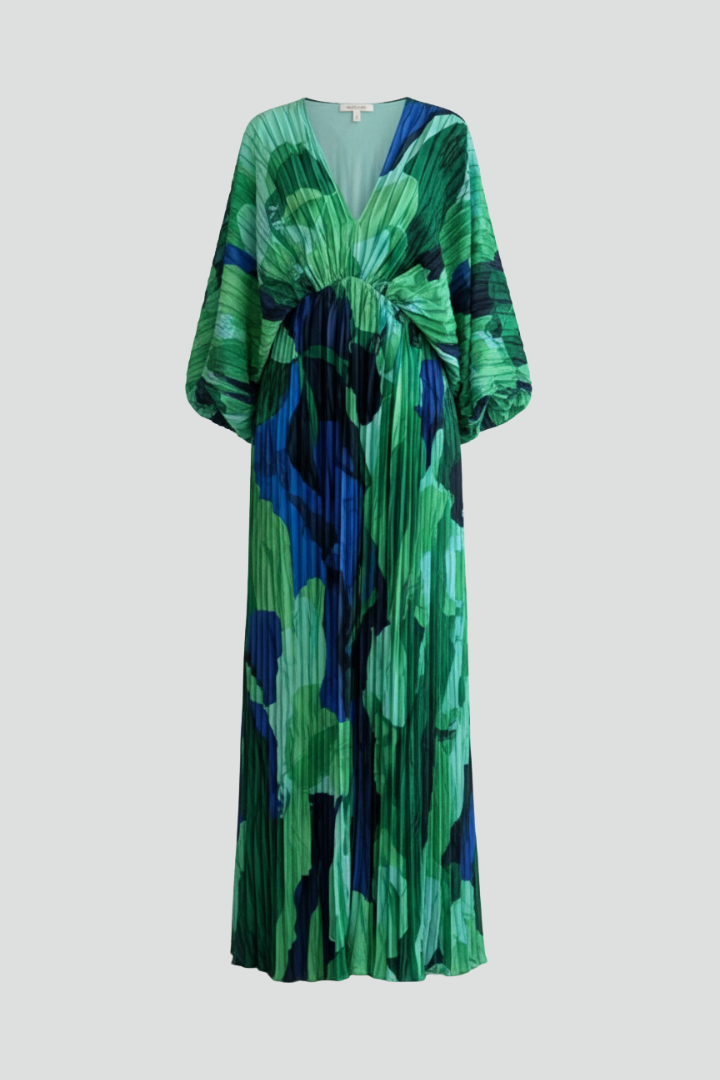 Women's Long Sleeve Dress | Maxi V-Neck Pleated Print