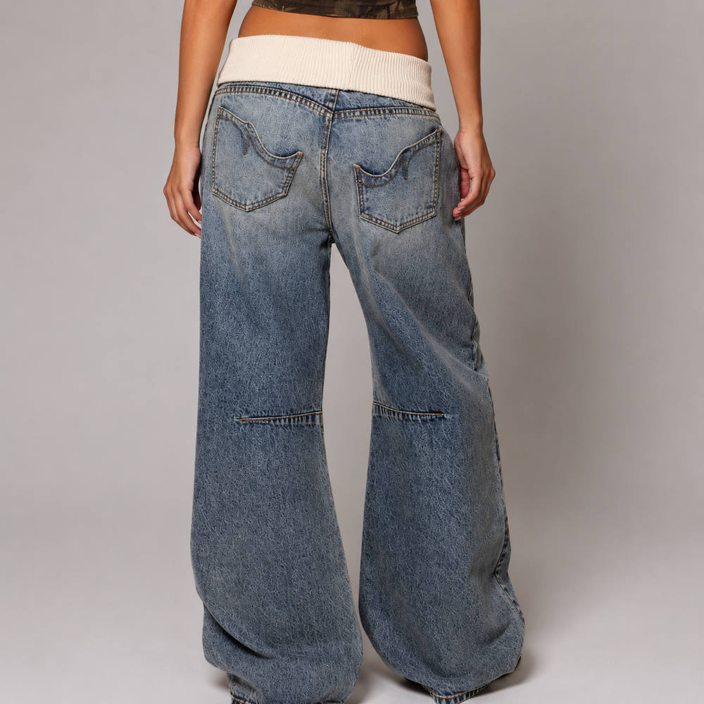 Women's Wide Leg Jeans | Baggy Fit Ribbed Waistband Seam Detail