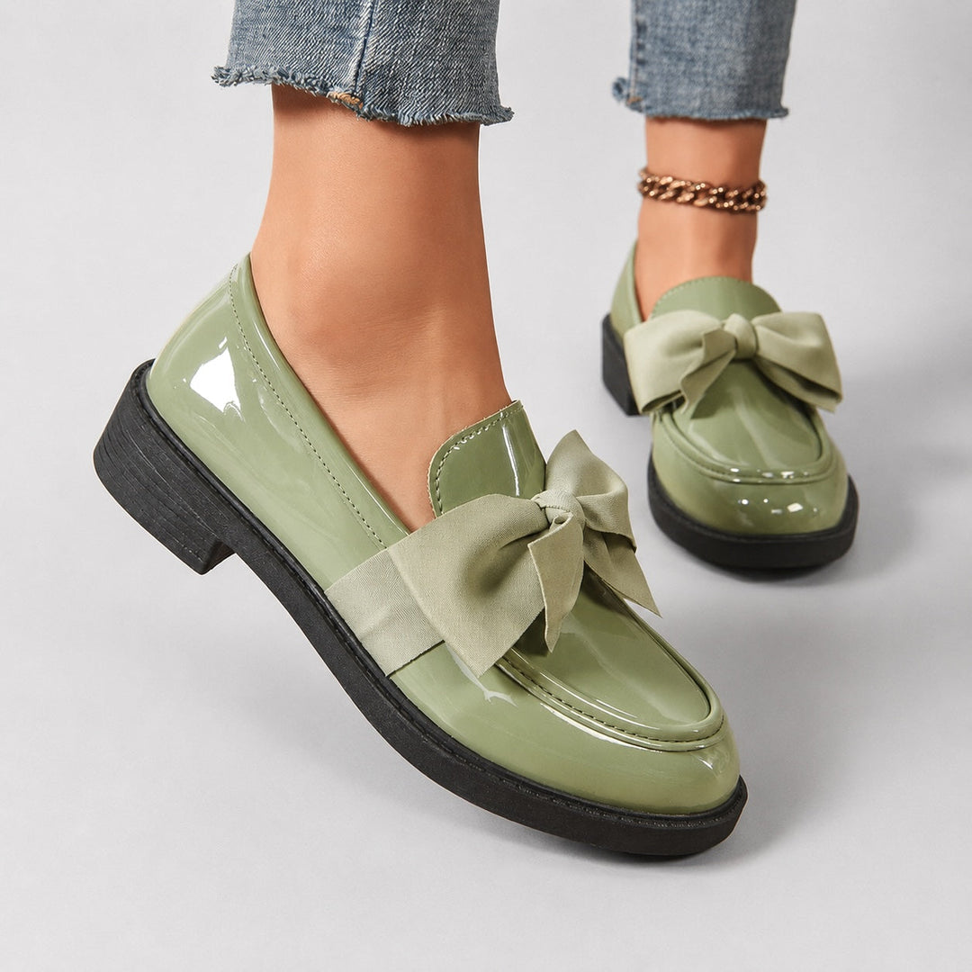 Penny Loafers For Women | Round Toe Bow Slip-On Patent Stacked Heel