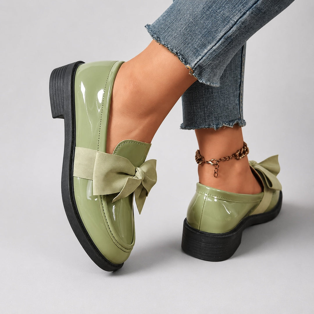 Penny Loafers For Women | Round Toe Bow Slip-On Patent Stacked Heel