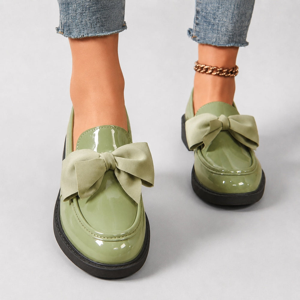Penny Loafers For Women | Round Toe Bow Slip-On Patent Stacked Heel