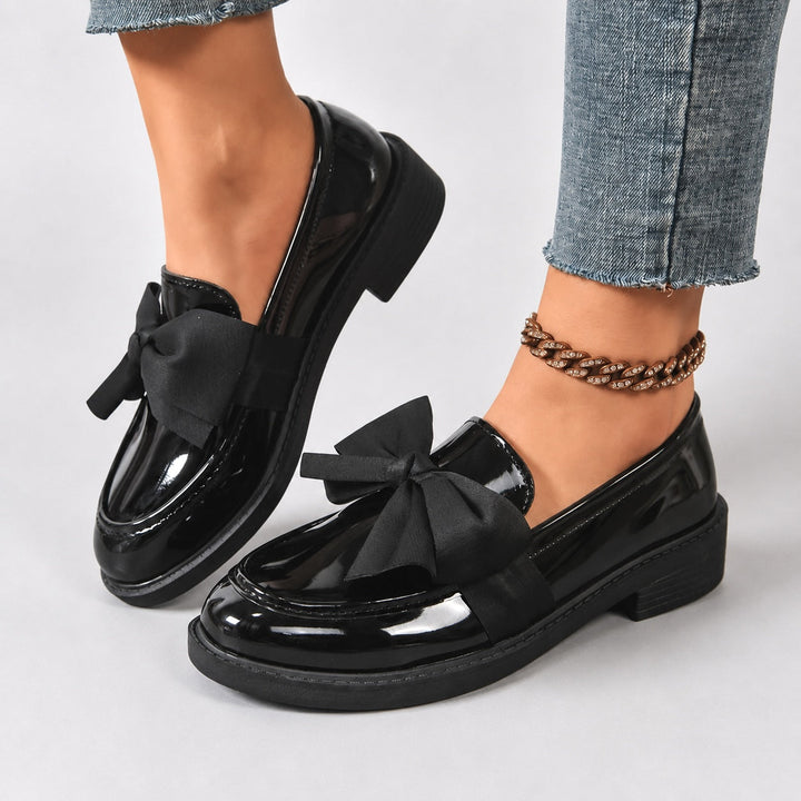 Penny Loafers For Women | Round Toe Bow Slip-On Patent Stacked Heel