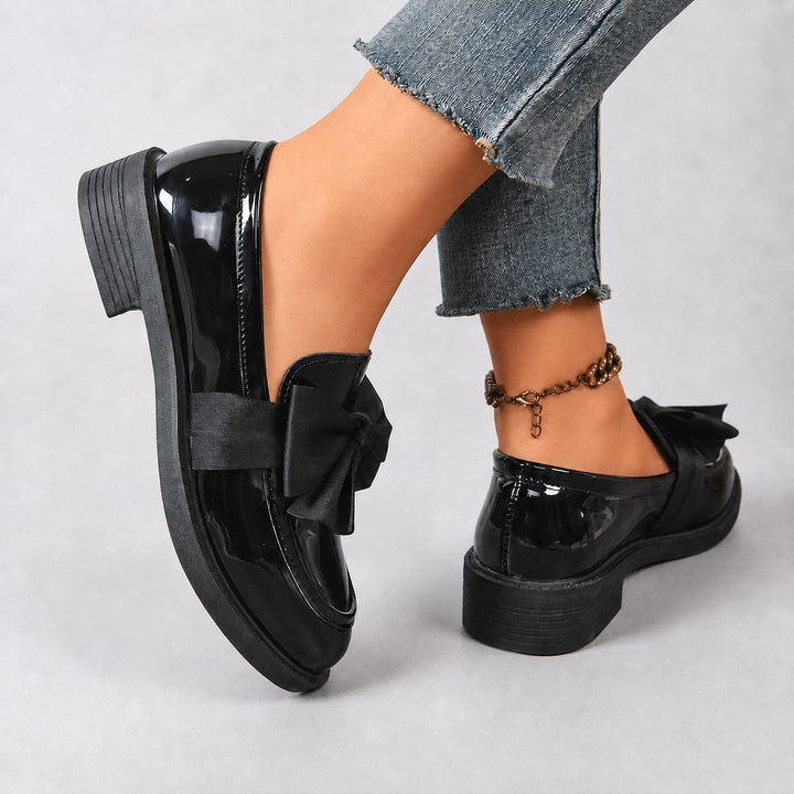 Penny Loafers For Women | Round Toe Bow Slip-On Patent Stacked Heel