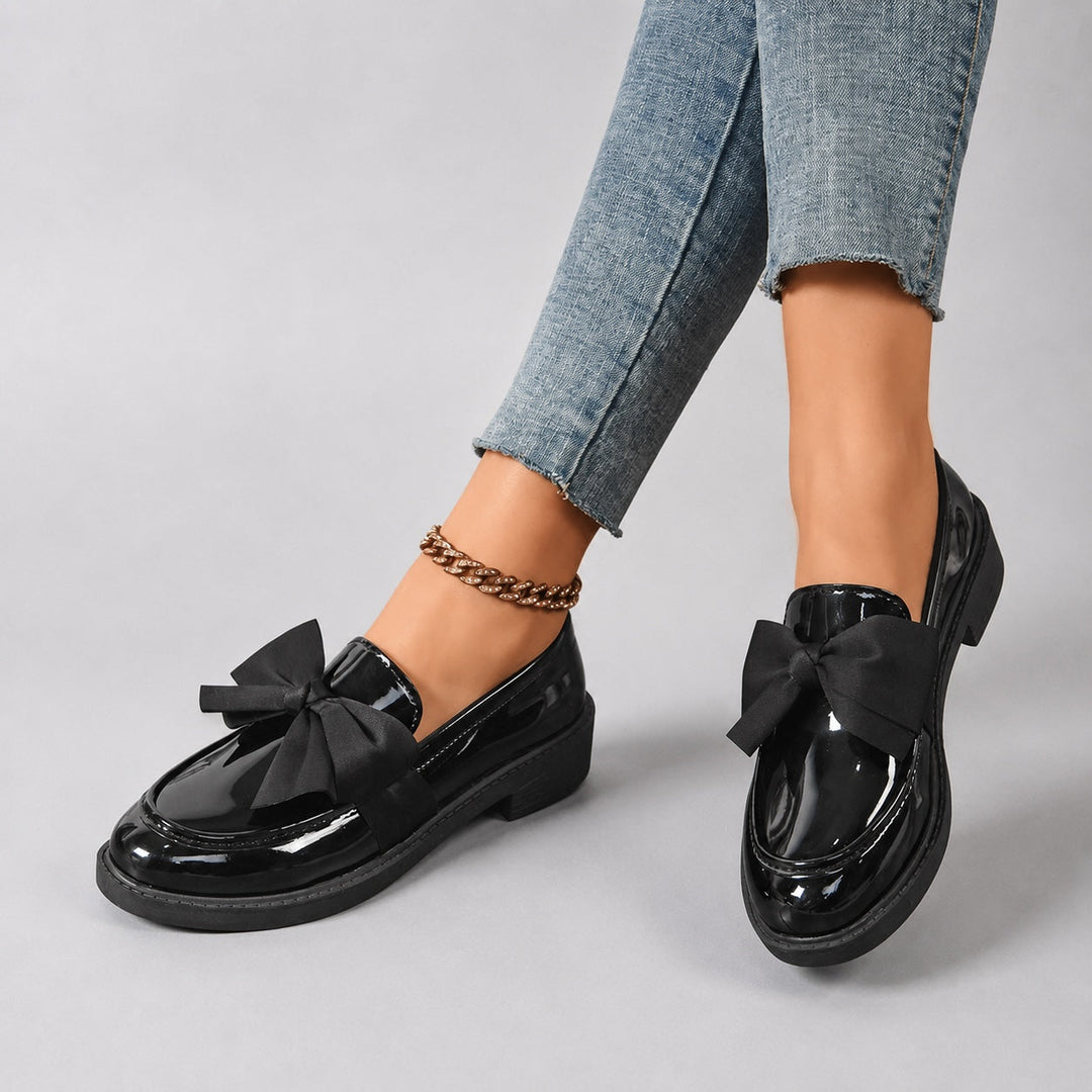 Penny Loafers For Women | Round Toe Bow Slip-On Patent Stacked Heel