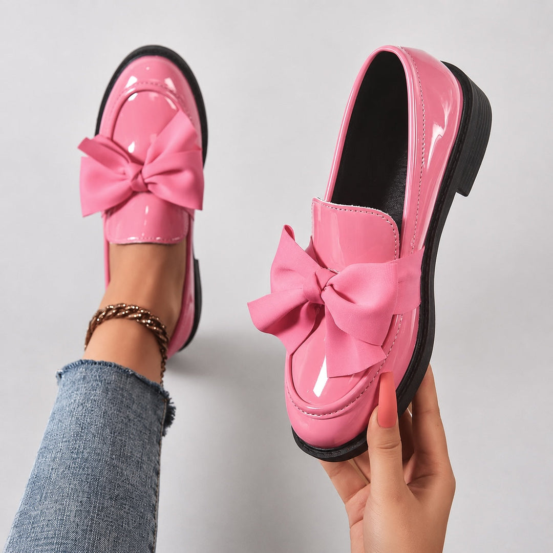 Penny Loafers For Women | Round Toe Bow Slip-On Patent Stacked Heel