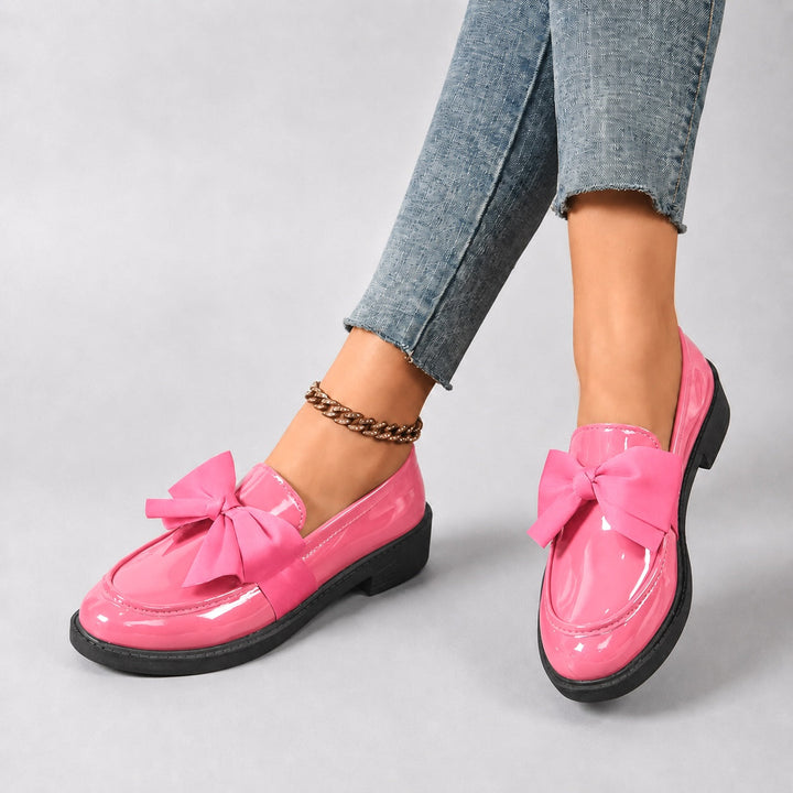Penny Loafers For Women | Round Toe Bow Slip-On Patent Stacked Heel