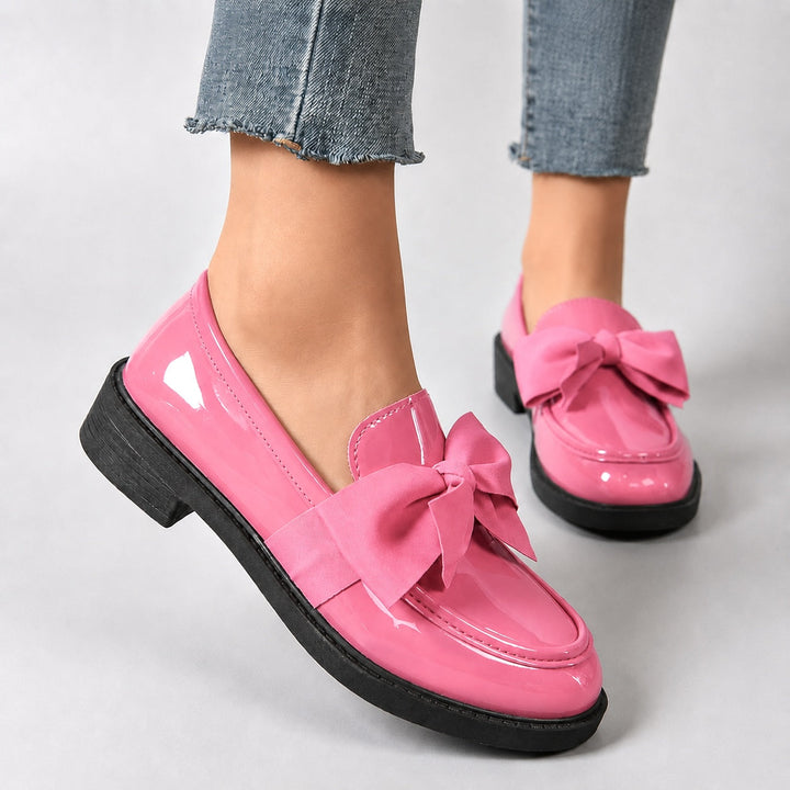 Penny Loafers For Women | Round Toe Bow Slip-On Patent Stacked Heel