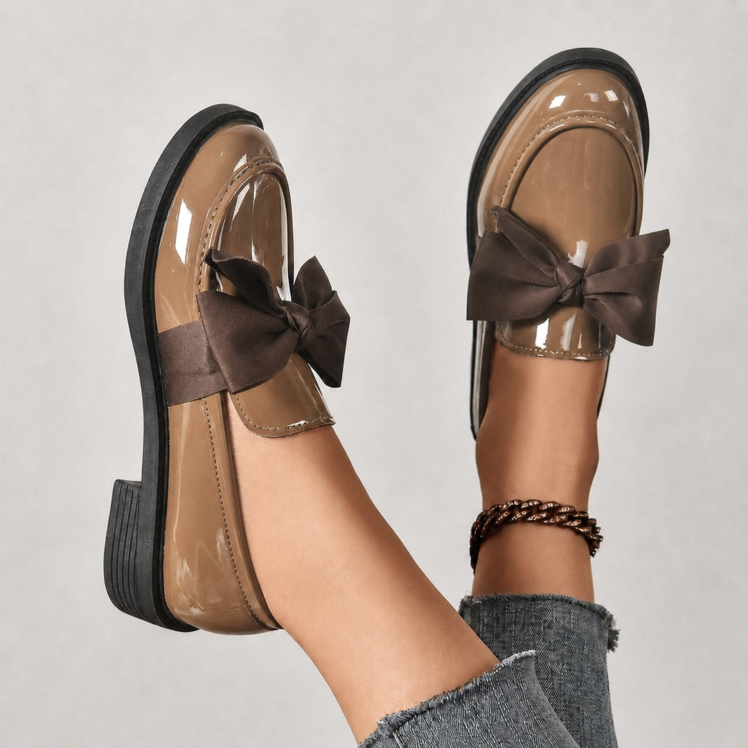 Penny Loafers For Women | Round Toe Bow Slip-On Patent Stacked Heel