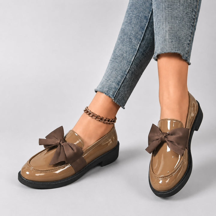 Penny Loafers For Women | Round Toe Bow Slip-On Patent Stacked Heel