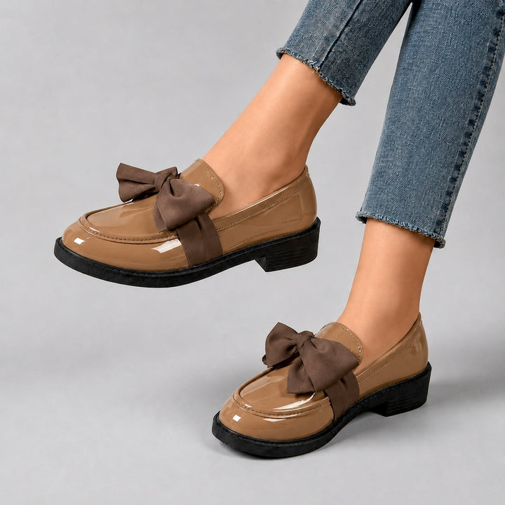 Penny Loafers For Women | Round Toe Bow Slip-On Patent Stacked Heel
