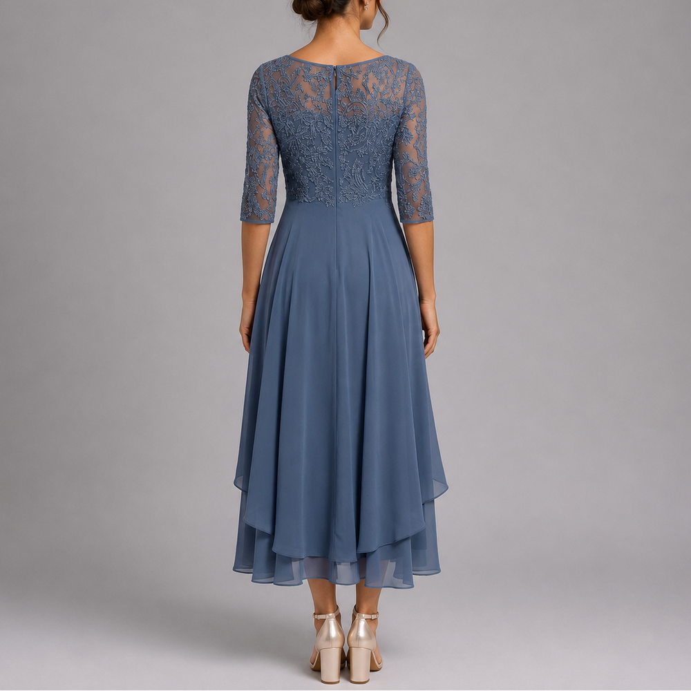 Women's Wedding Guest Dress | Midi Lace Embroidered Three-Quarter Sleeve
