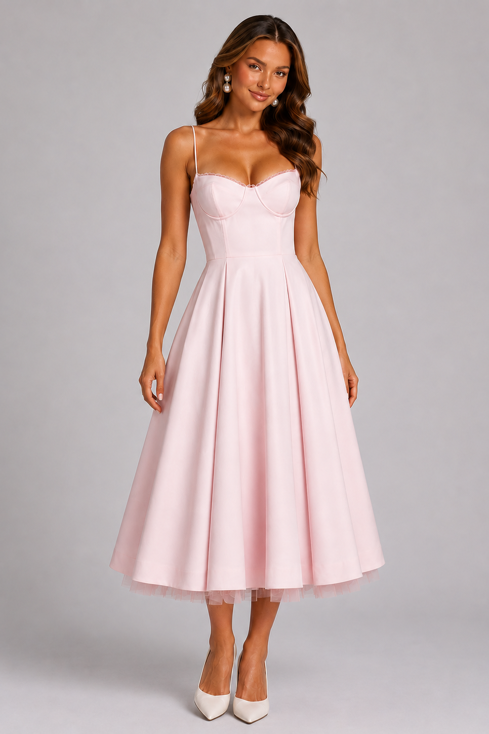 Women's Wedding Guest Dress | Midi Sweetheart Neckline Corset Bodice Satin