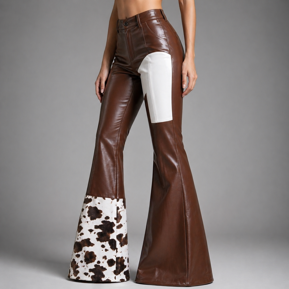Women's Leather Pants | Flare High Waist Contrast Panel