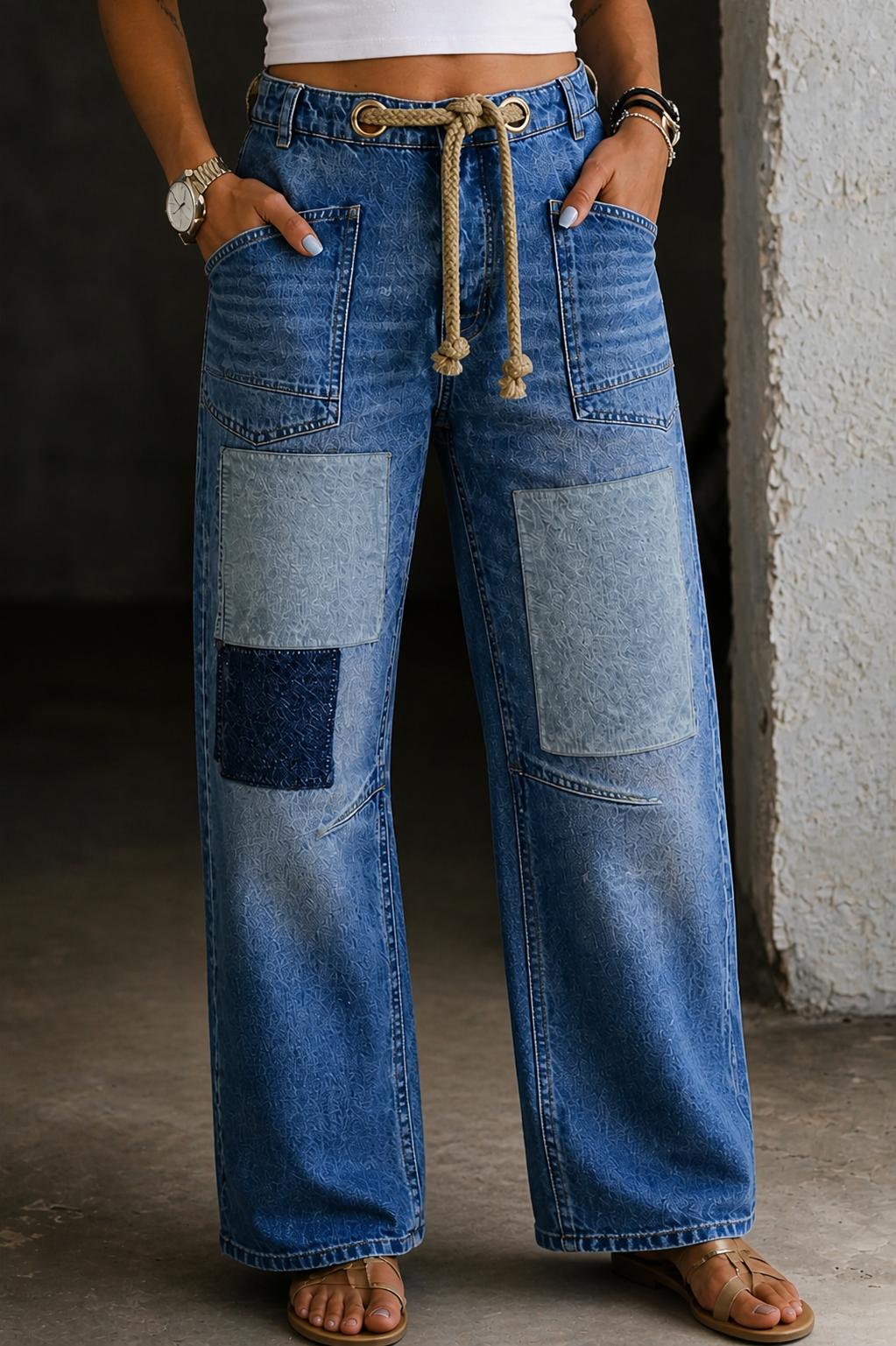 Women's Black Jeans | Patchwork Wide Leg Drawstring Waist