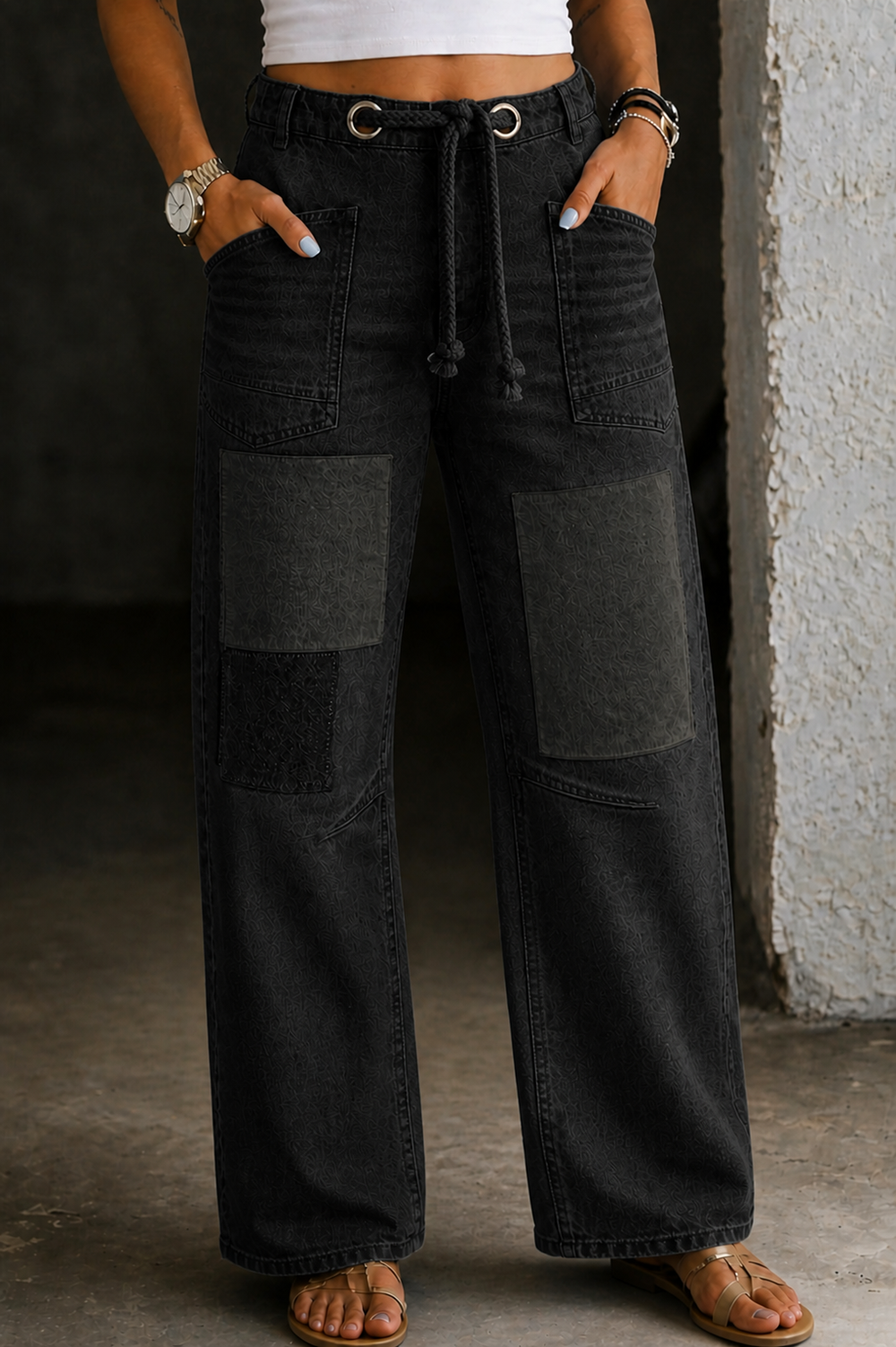Women's Black Jeans | Patchwork Wide Leg Drawstring Waist