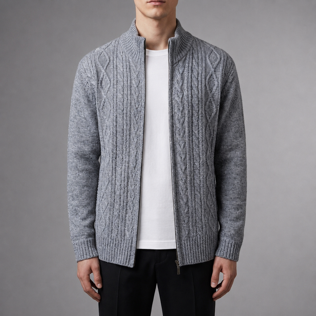Men's Cardigan | Cable Knit Full Zip Mock Neck Ribbed Trim