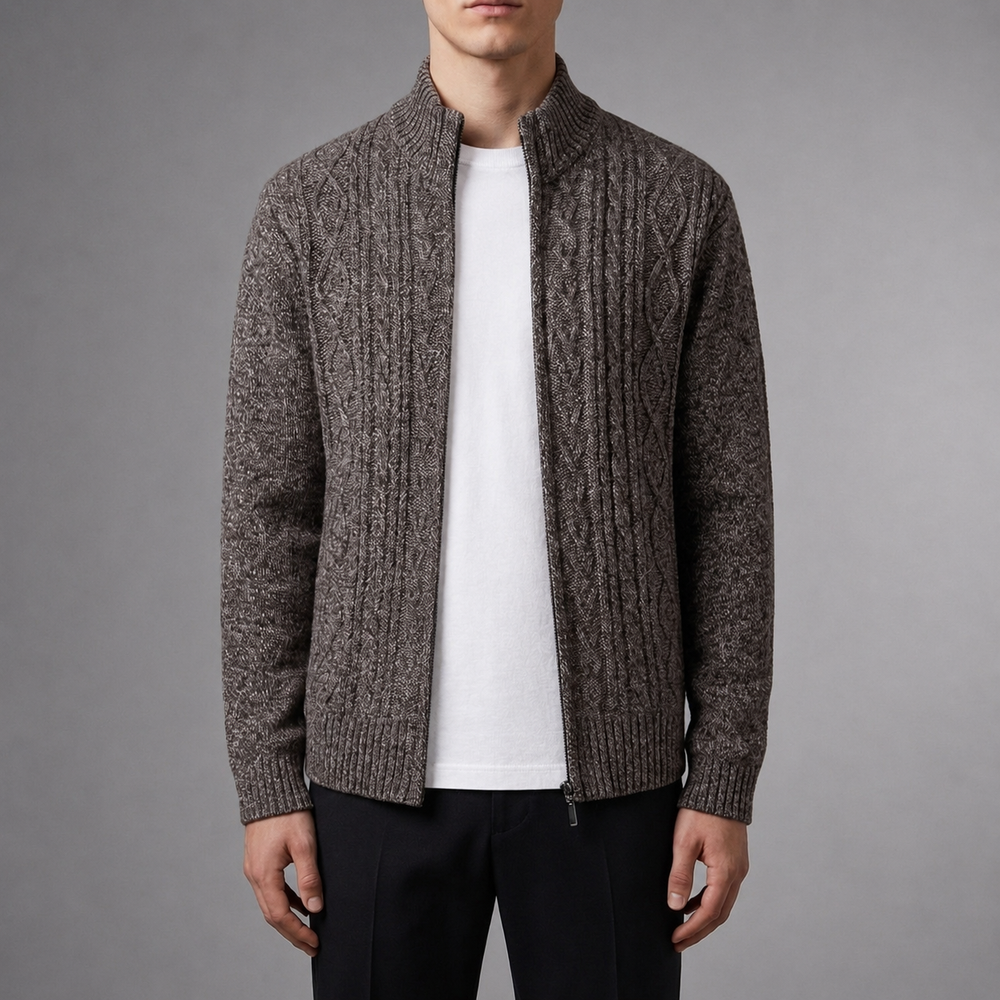 Men's Cardigan | Cable Knit Full Zip Mock Neck Ribbed Trim