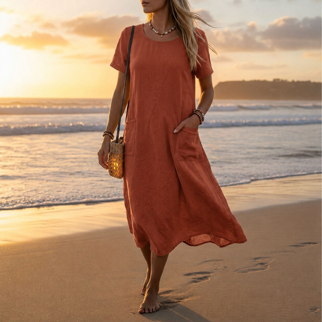 Women's Black Dress | Midi Short Sleeve Pocket Linen A-Line
