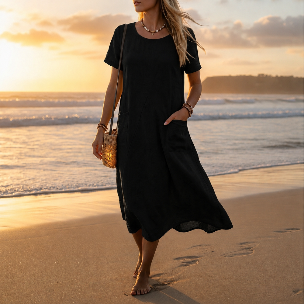 Women's Black Dress | Midi Short Sleeve Pocket Linen A-Line