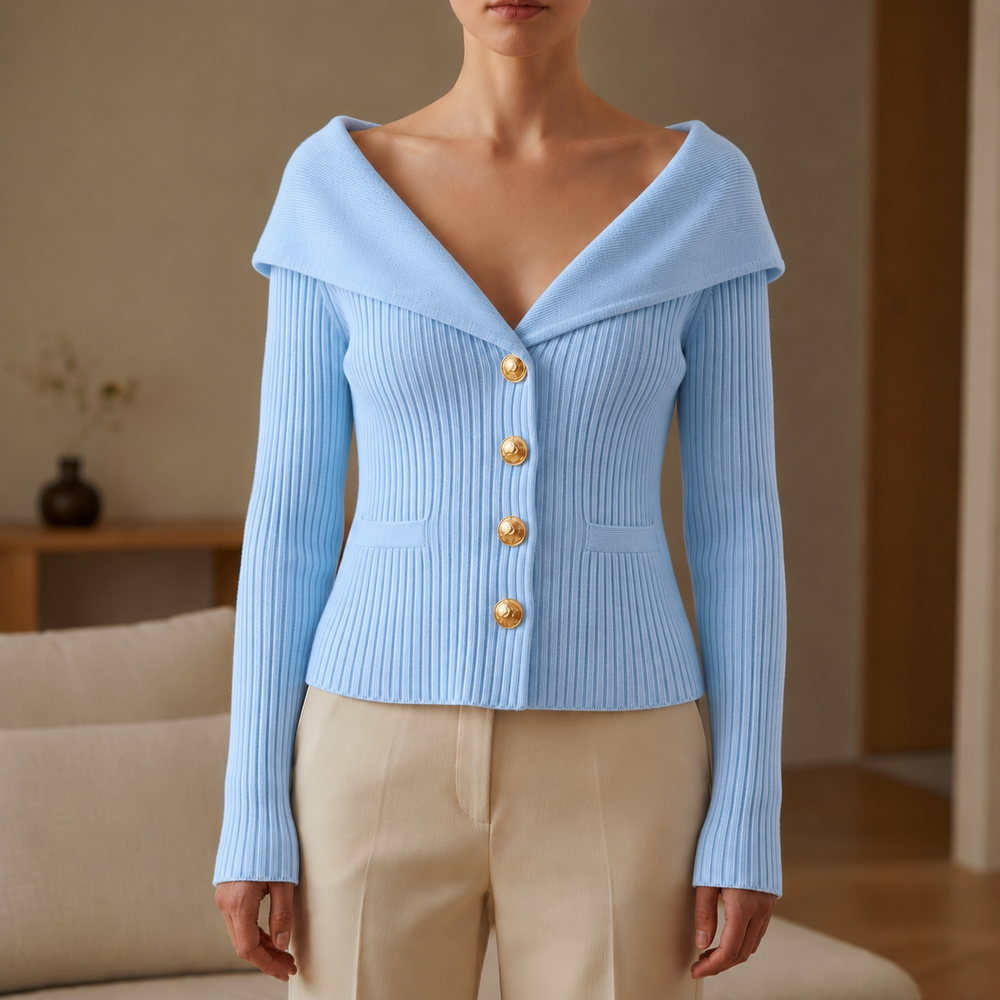 Women's Red Cardigan Sweater | Ribbed Knit V-Neck Button Closure